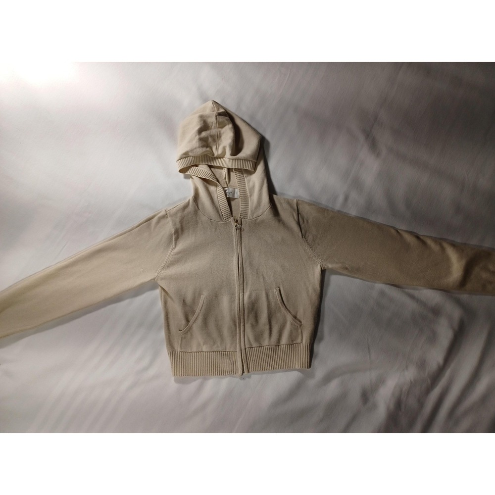 H&M Hoodie Youth 8-10 Beige Cream Full Zip Knit‎ Sweatshirt Ribbed Hem Pockets